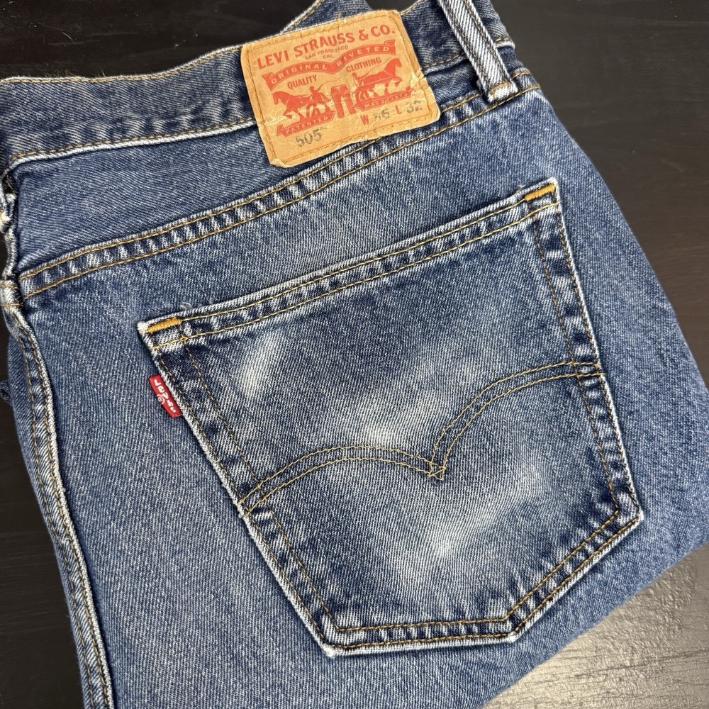 Levis Mens 505 Blue Jeans Denim 36x32 Straight Leg Distressed Back Pocket